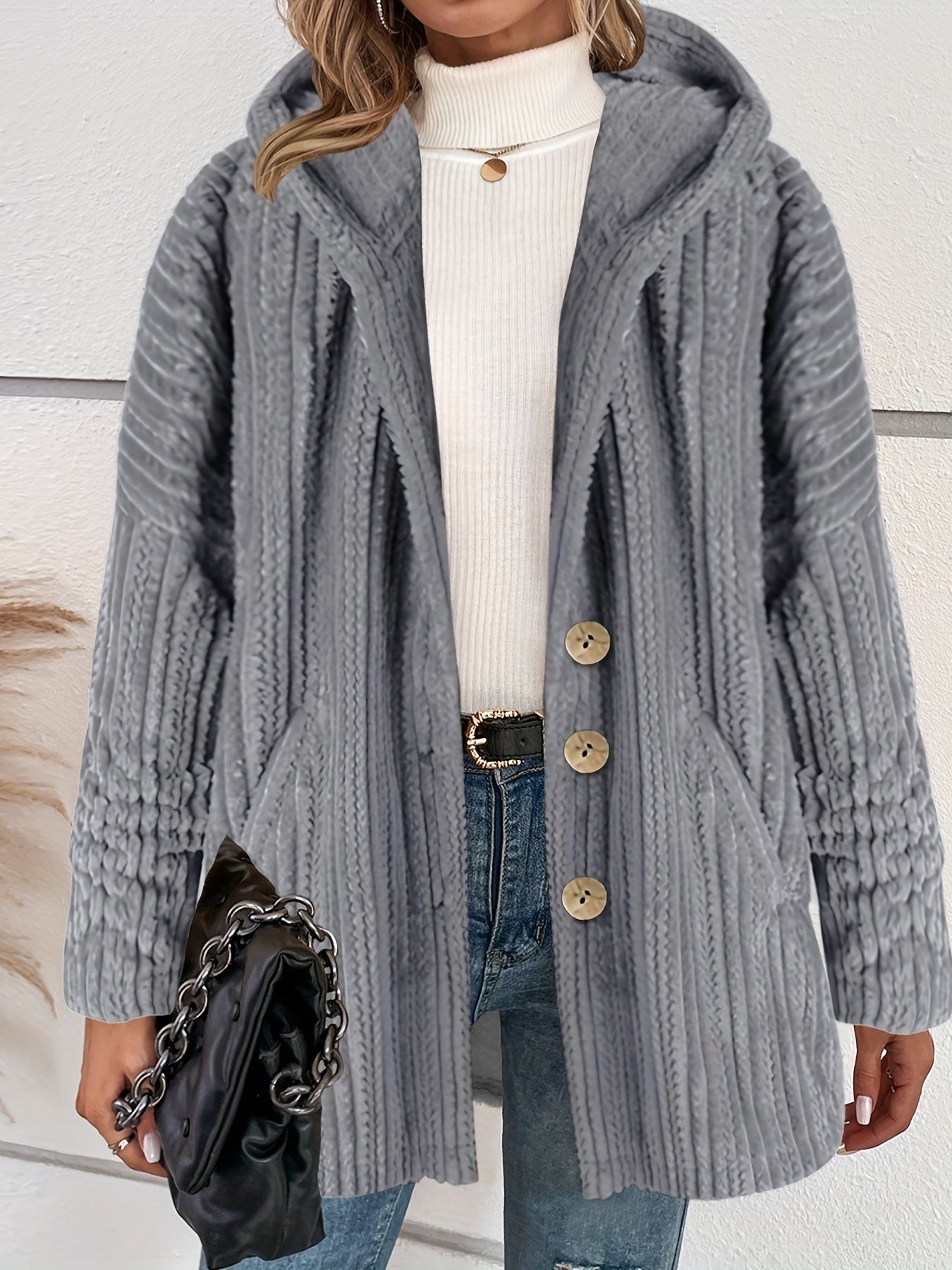 Grauer Kapuzenmantel mit Knöpfen - Lara