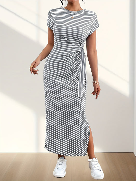 Kleid in Grau-Weiß - Lisa, Streifenmuster, Taillenband