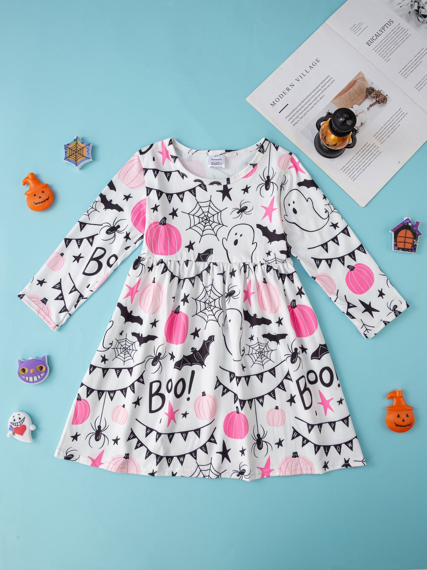 Baby Mädchen Kleid – Cartoon Kürbis & Geister Print