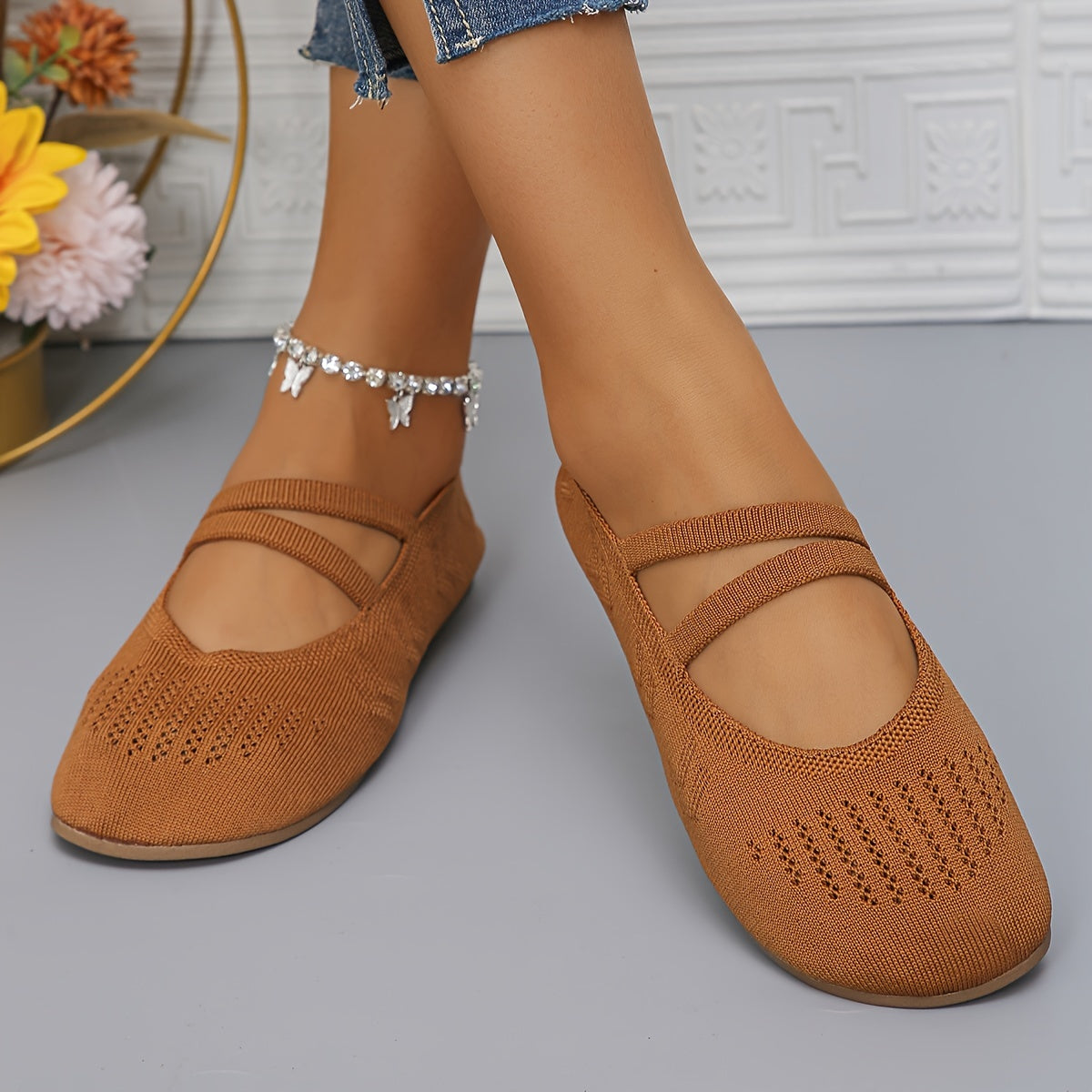 Schwarze Damen Strick Flats