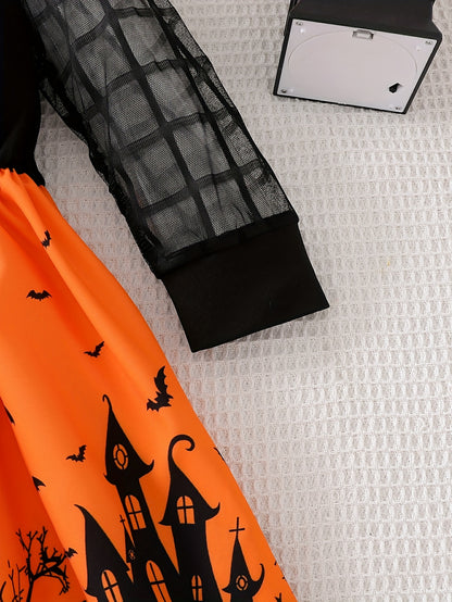 Mädchen Halloween-Kleid mit Mesh-Langarm und verspieltem Print