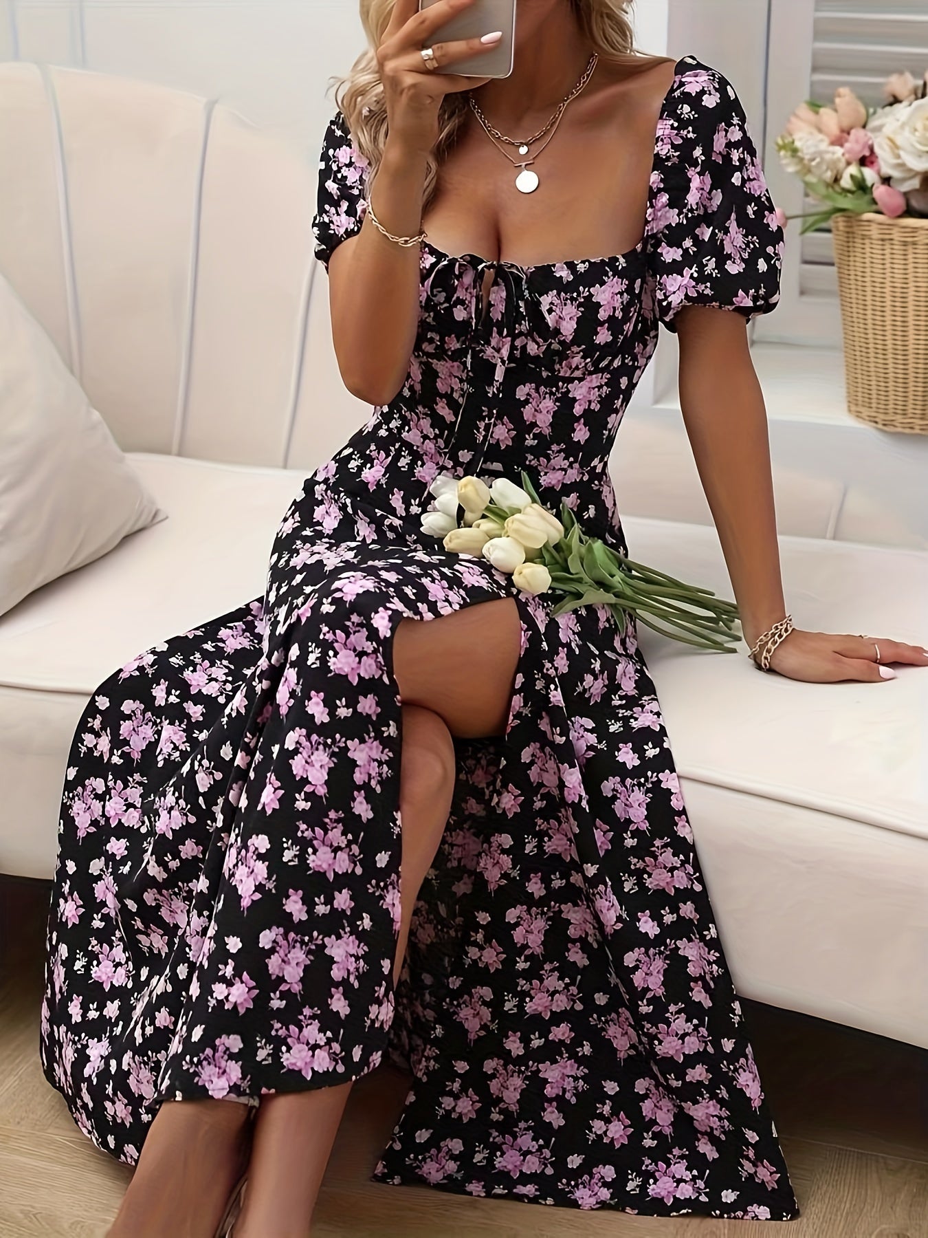 Gelbes Blumenprint-Kleid - Sophie