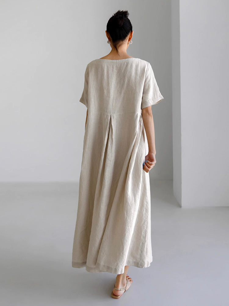 Marineblaues Lockeres Midi-Kleid Mit Seitentaschen - Clara