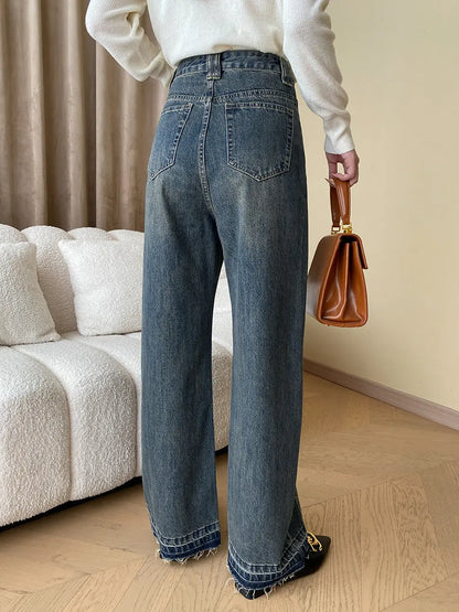 Vintage-jeans aus denim mit weitem bein und knopfleiste – damen