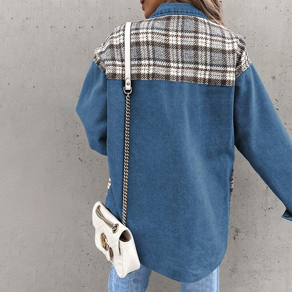 Stylische Denim-Jacke im Karomuster-Mix