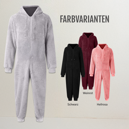 Grauer fleece-jumpsuit - kuschelig & wärmend mit kapuze