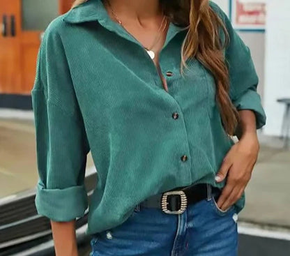 Ida - Olivgrüne Cordbluse in Unifarbe