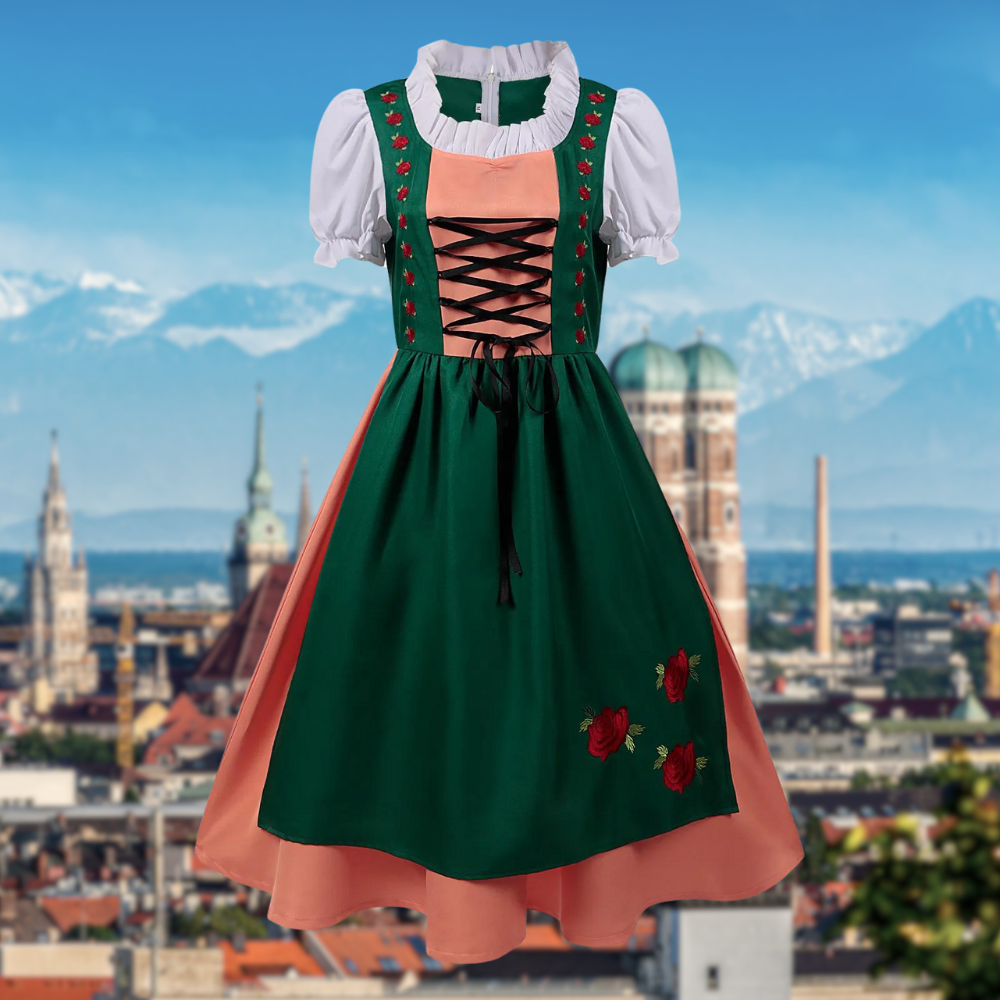 Sahara | dirndl kleid in midilänge mit rosenstickerei und kontrastrock für frauen