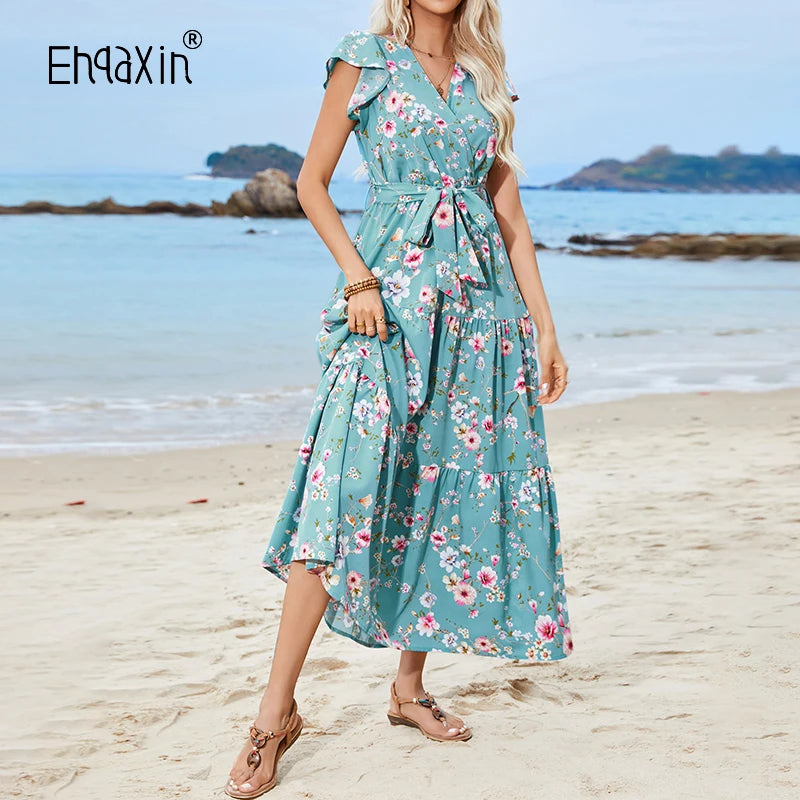 Strandkleid Blumen Aqua Damen – Marissa