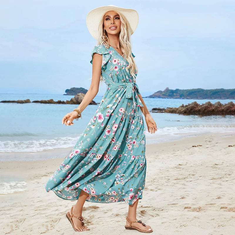 Strandkleid Blumen Aqua Damen – Marissa
