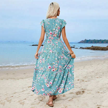 Strandkleid Blumen Aqua Damen – Marissa