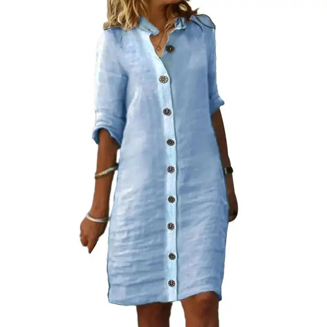 Elena - Weißes Button-Down Leinenkleid