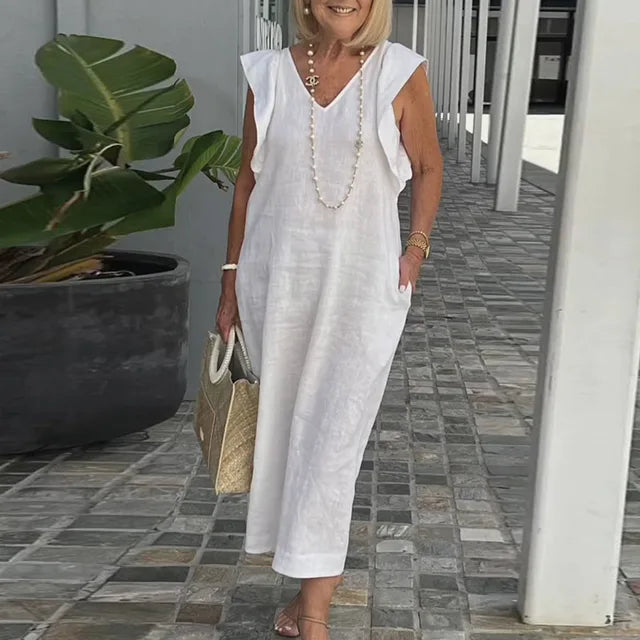 Fiona - Sommerliches Weißes V-Ausschnitt Kleid