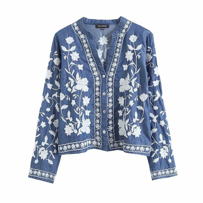 Denim Florale Stickerei-Jacke