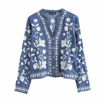 Denim Florale Stickerei-Jacke