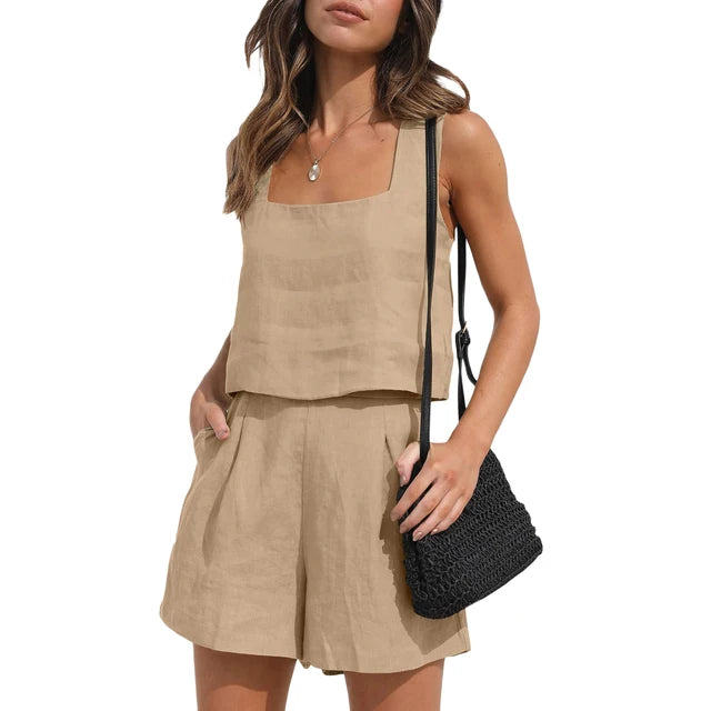 Lara - Beiges Leinen-Top mit Shorts