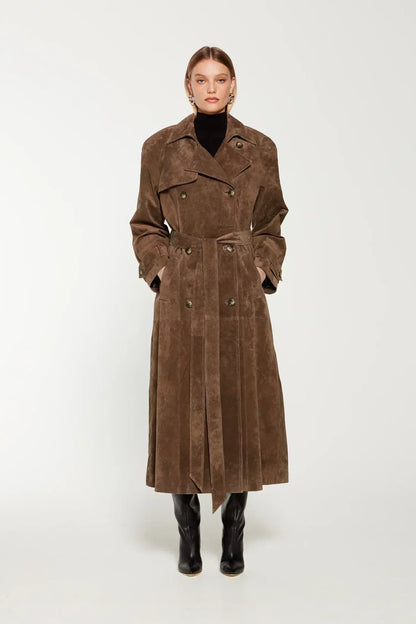 Sibba suede trenchcoat für damen – weicher mantel mit gürtel