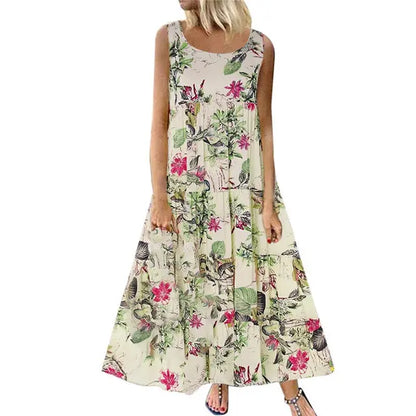 Elisa - Beigefarbenes Maxikleid mit Blumenprint