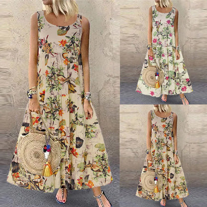 Elisa - Beigefarbenes Maxikleid mit Blumenprint