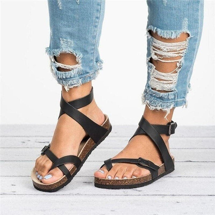 schwarze Sandalen mit Lederriemen für Damen