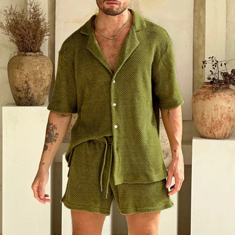 Lässiges waffelstrickhemd und shorts-set – herren