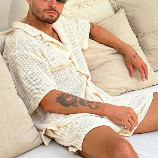 Lässiges waffelstrickhemd und shorts-set – herren