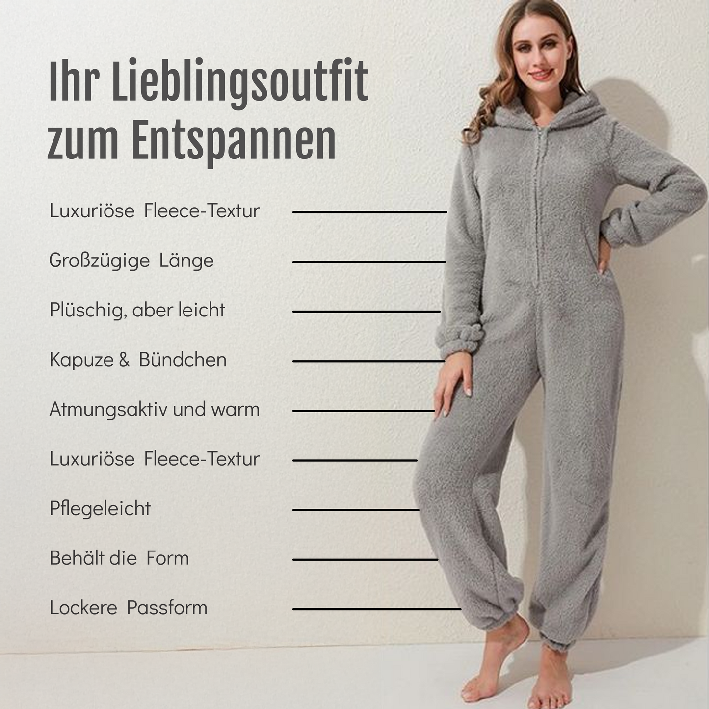 Grauer fleece-jumpsuit - kuschelig & wärmend mit kapuze