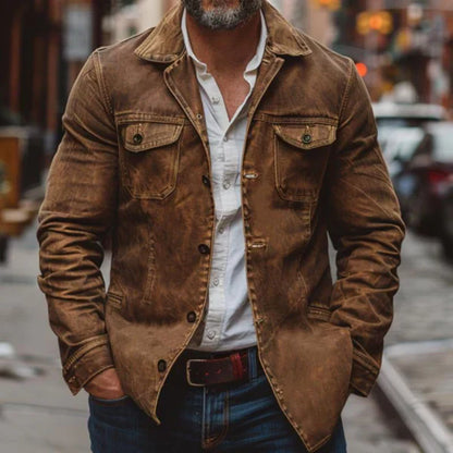 Vintage-lederjacke für herren, stark gewaschen, mit mehreren taschen – herren