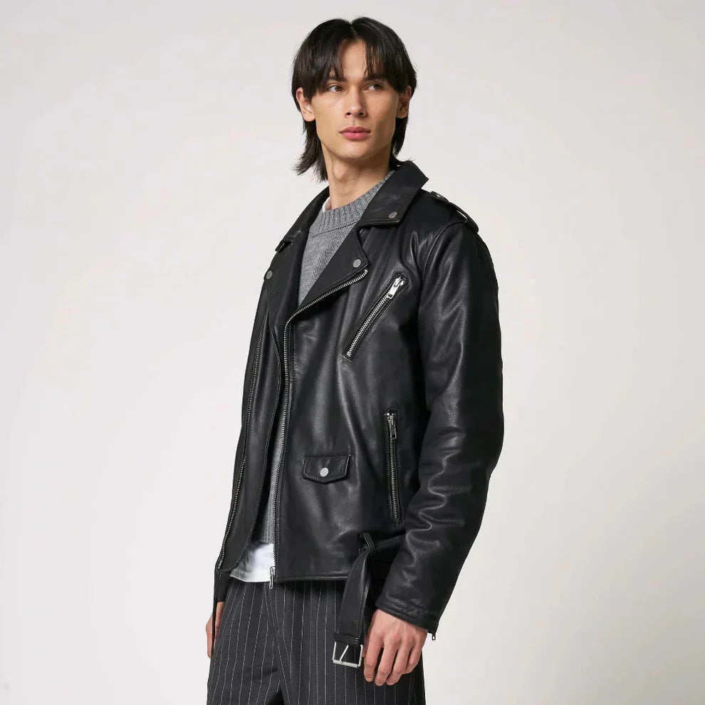 Herren-motorradjacke aus leder, schmal geschnitten, winddicht – herren