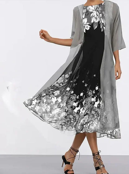 Schwarzes blumenkleid mit chiffon-overlay - laura