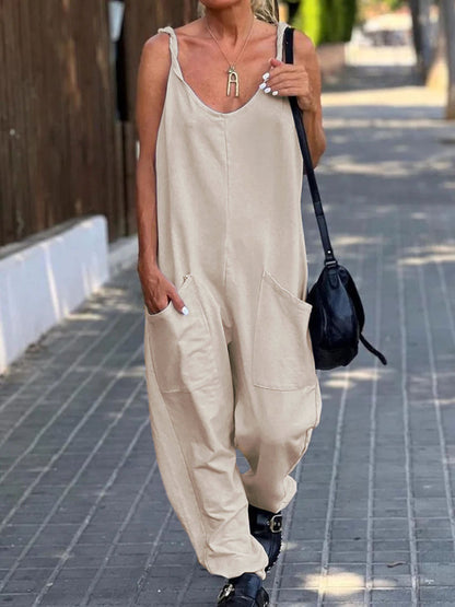 Beiger Lockerer Jumpsuit Mit Großen Taschen - Mia