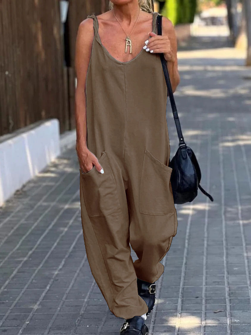 Beiger Lockerer Jumpsuit Mit Großen Taschen - Mia