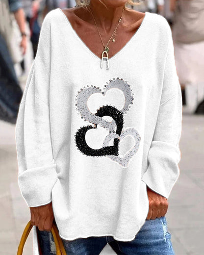 Trendy V-Ausschnitt Pullover mit Herzdesign