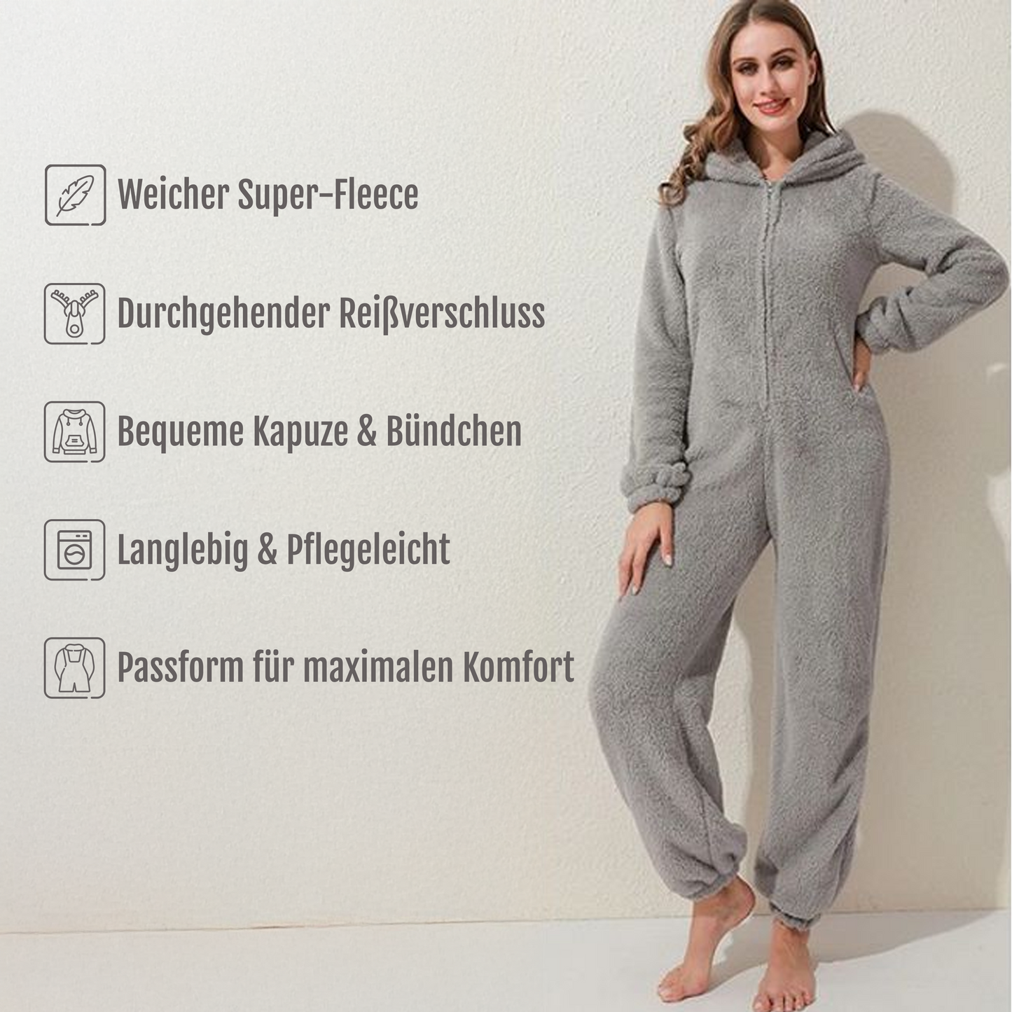 Grauer fleece-jumpsuit - kuschelig & wärmend mit kapuze