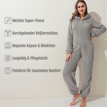 Grauer fleece-jumpsuit - kuschelig & wärmend mit kapuze