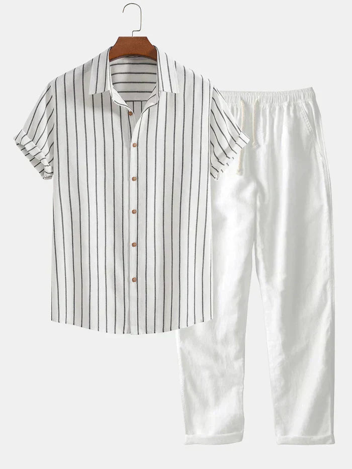 Stilvolles herren-sommerset – gestreiftes hemd und hose aus leinenmischgewebe – herren
