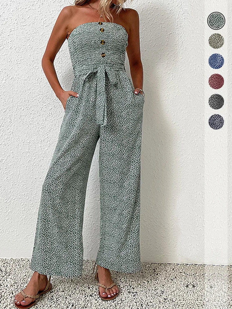 Grüner trägerloser Jumpsuit mit Gürtel - Julia