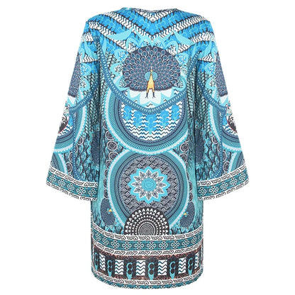 Blaues Boho-Kleid mit V-Ausschnitt und Muster - Yasmin