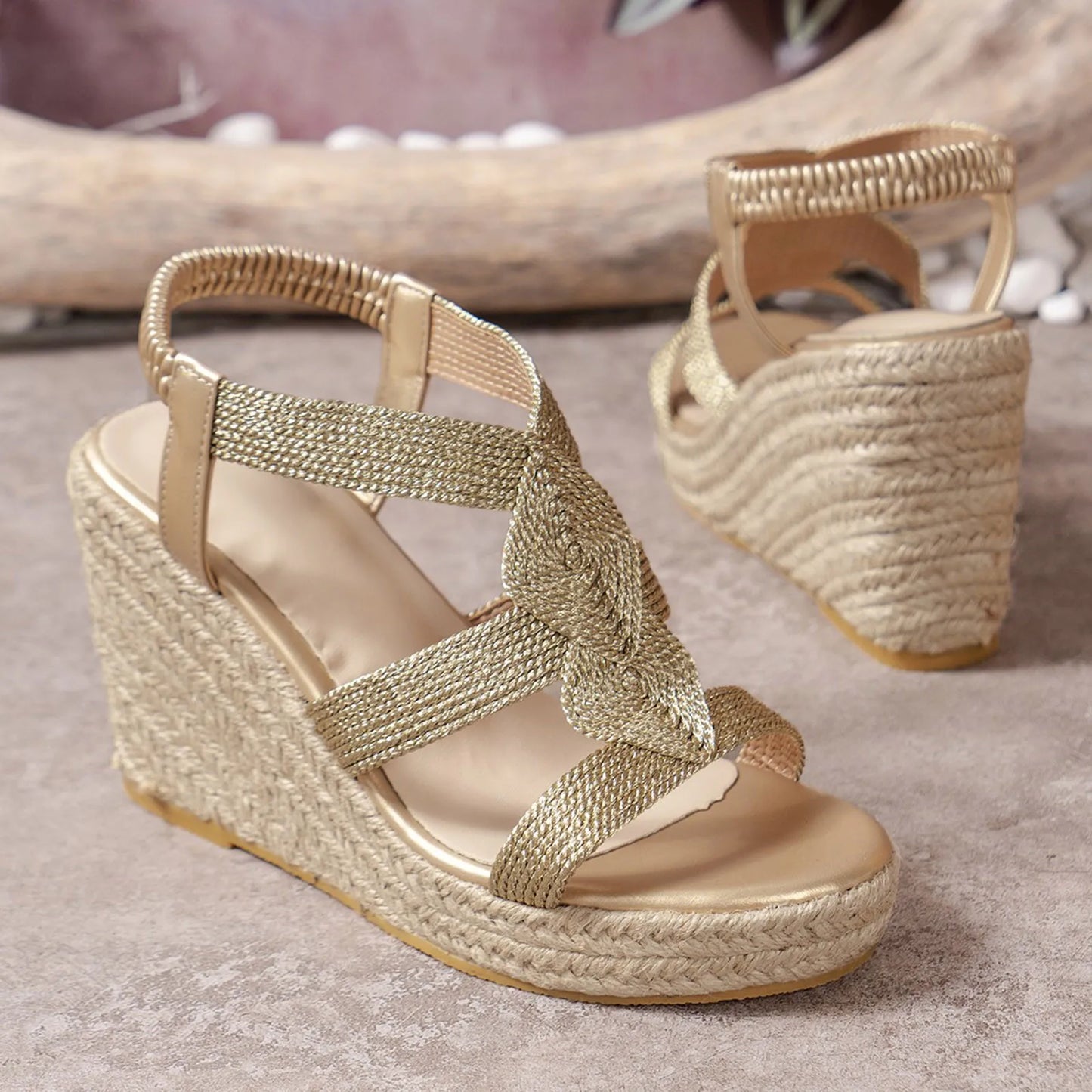 Goldene Jute-Keilsandalen - Helena