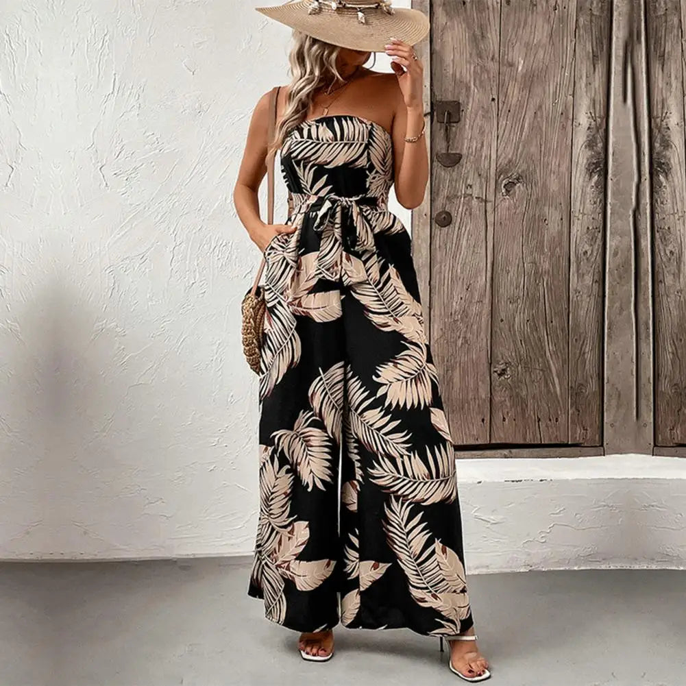 Schwarzer trägerloser Jumpsuit mit Palmenprint - Isabel