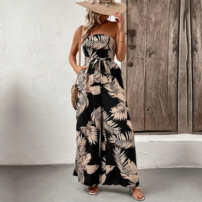 Schwarzer trägerloser Jumpsuit mit Palmenprint - Isabel