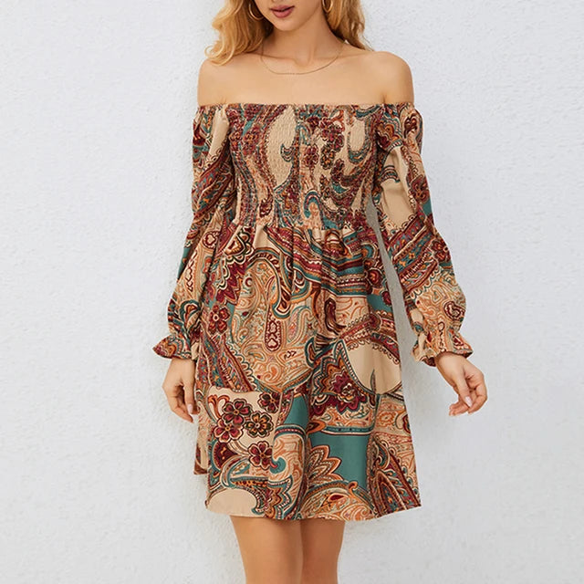 Beiges schulterfreies Minikleid mit Paisley-Muster - Sophia