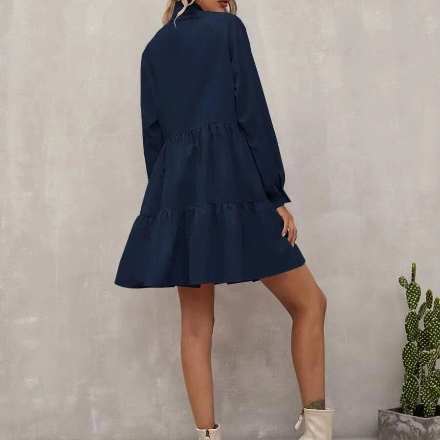 Marineblaues Kleid mit Stehkragen - Emma