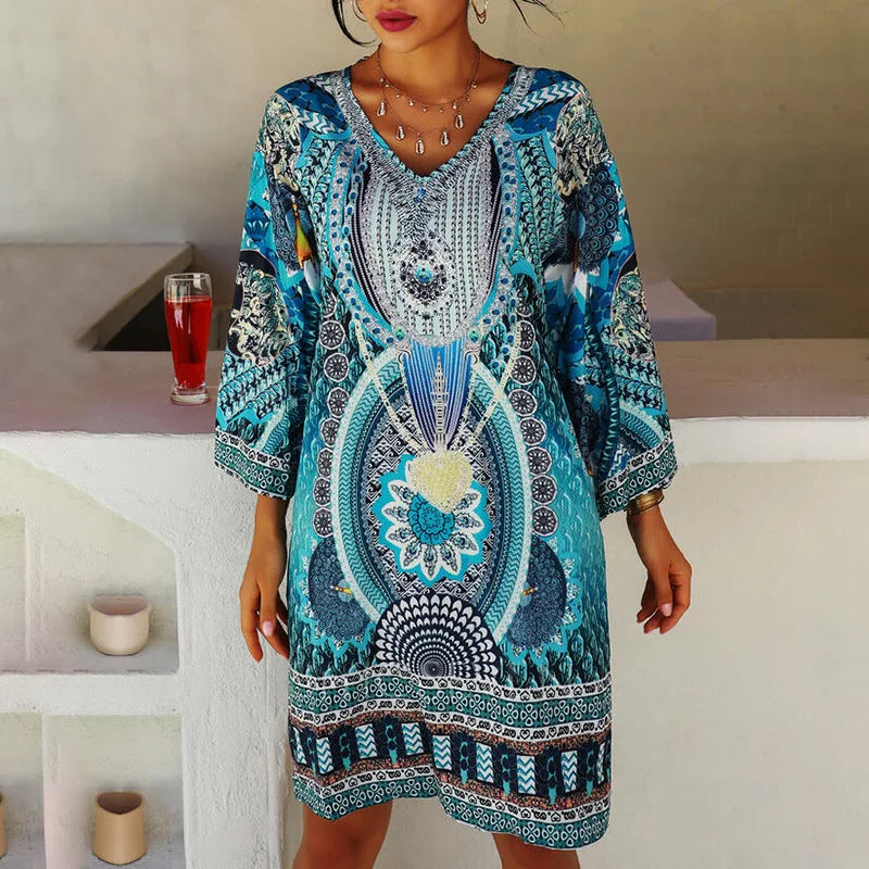 Blaues Boho-Kleid mit V-Ausschnitt und Muster - Yasmin