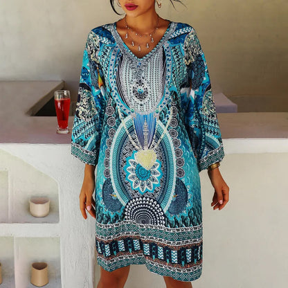 Blaues Boho-Kleid mit V-Ausschnitt und Muster - Yasmin