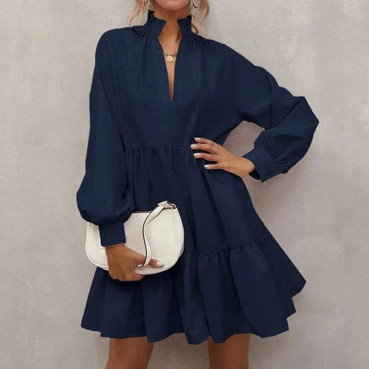 Marineblaues Kleid mit Stehkragen - Emma