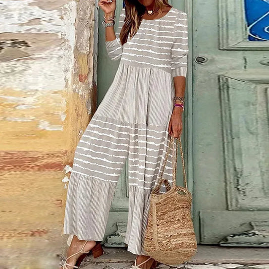 Grau-gestreifter Jumpsuit mit 3/4-Ärmeln - Lea