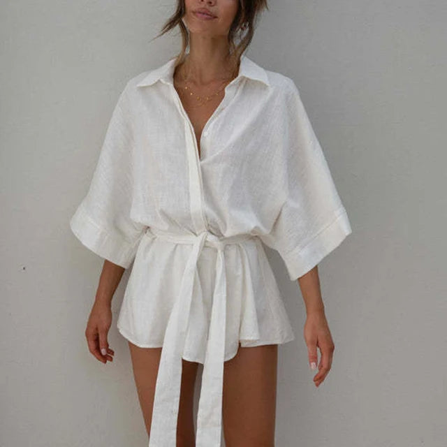 Weißer Leinen-Jumpsuit mit Bindegürtel - Amelia