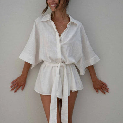 Weißer Leinen-Jumpsuit mit Bindegürtel - Amelia