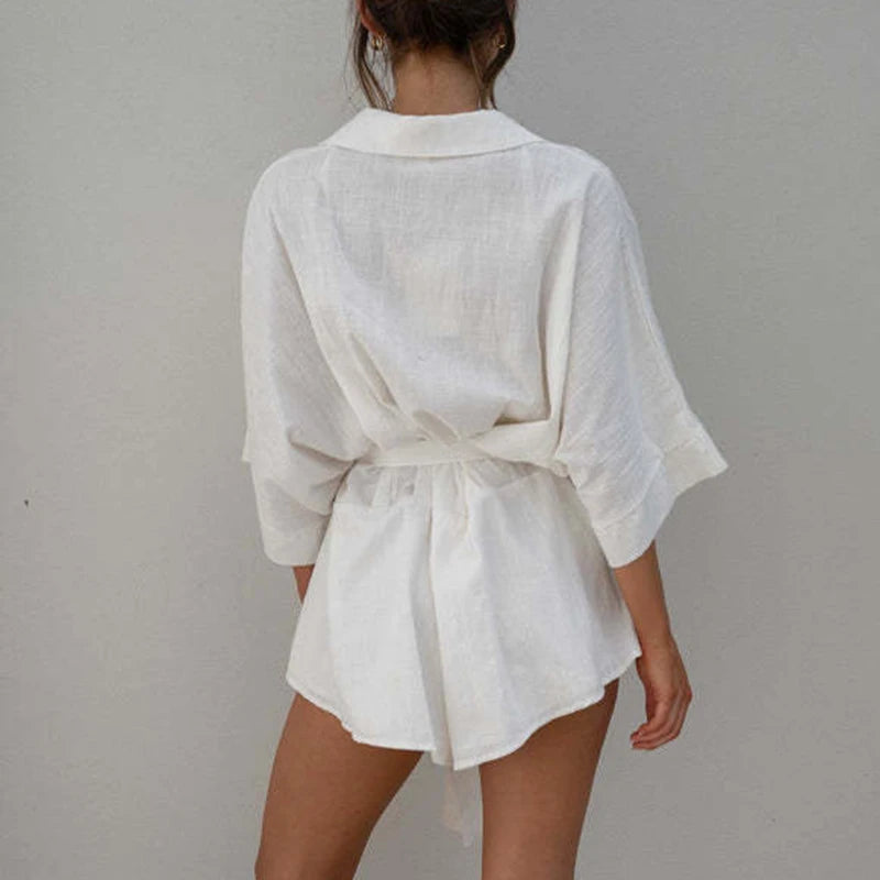 Weißer Leinen-Jumpsuit mit Bindegürtel - Amelia